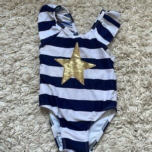 Girl 2T blue and white stripe bathing suit with gold sequence star. Cat & Jack